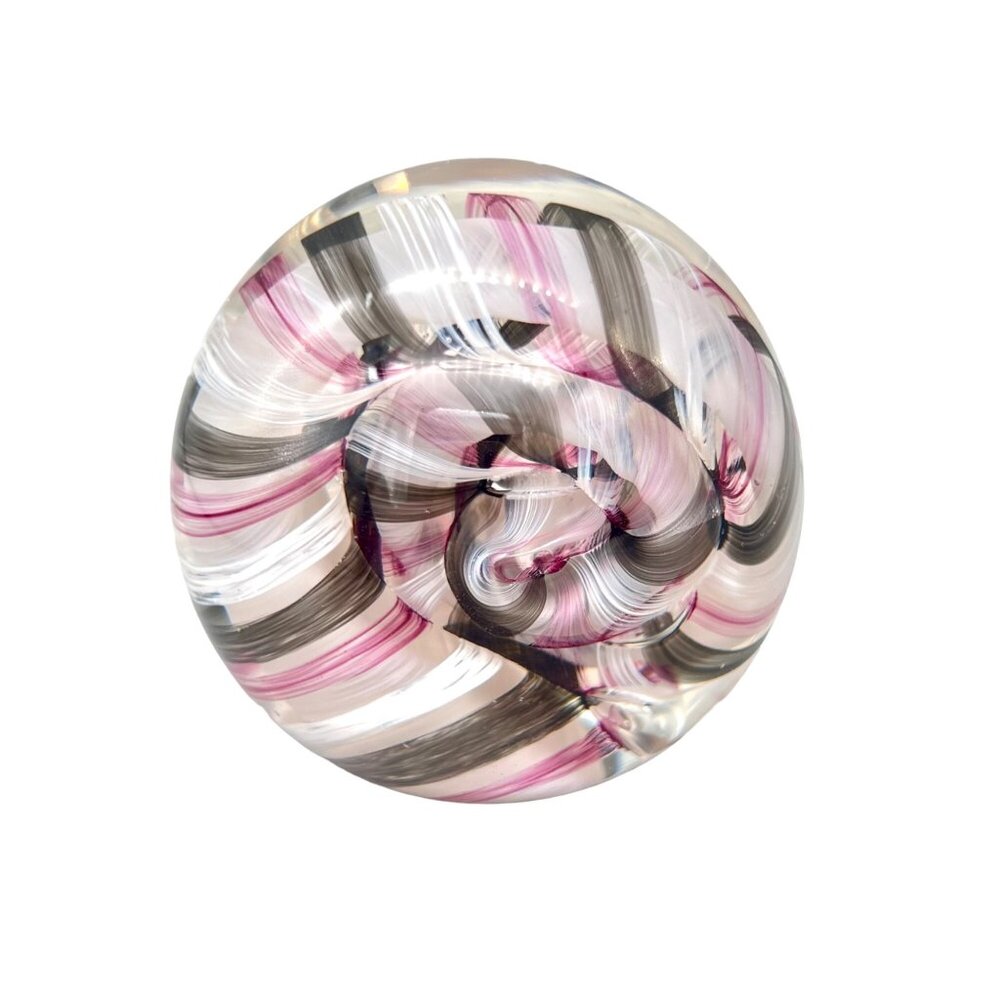 Caithness Glass Paperweight Ribbons Swirl Snail Pink White Black Scotland 3"